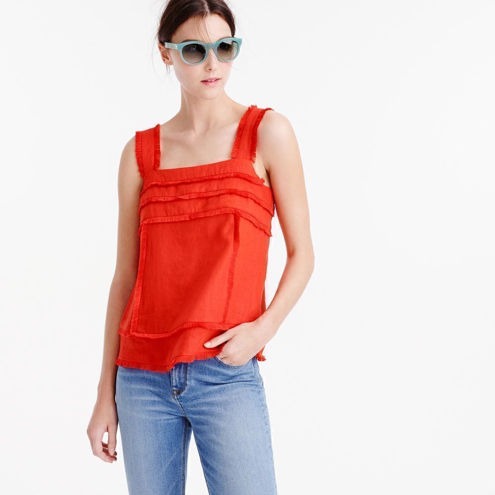 J. Crew Red orange linen tank top with fringe